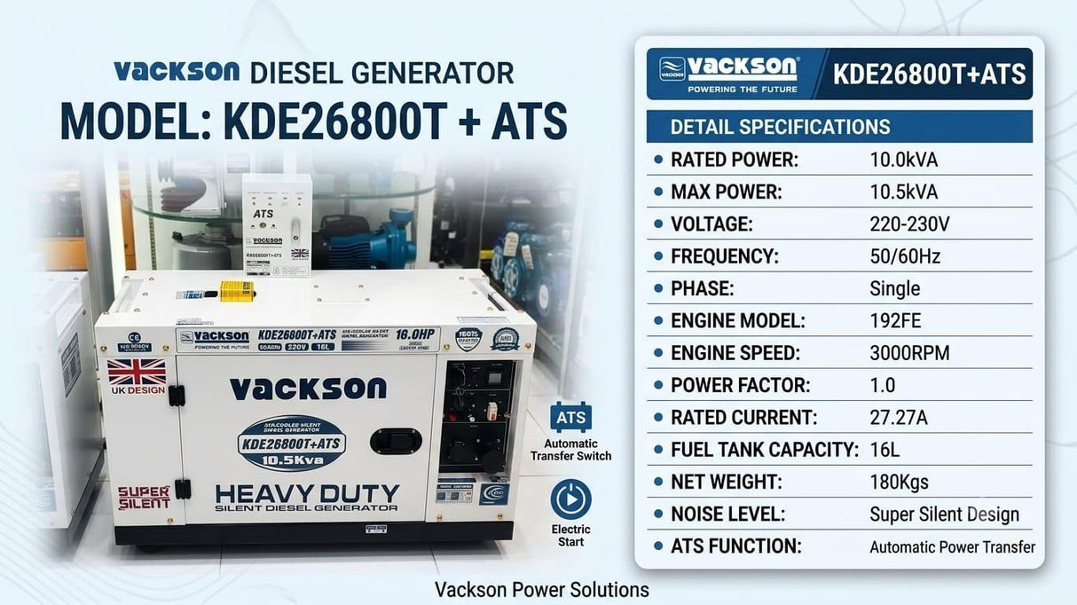 Vackson KDE26800T+ATS diesel generator 10.0kVA rated power capacity single phase